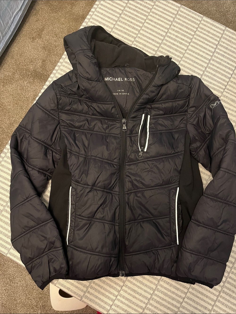 Michael Kors Black Quilted Hooded Puffer Jacket with Contrast Panels